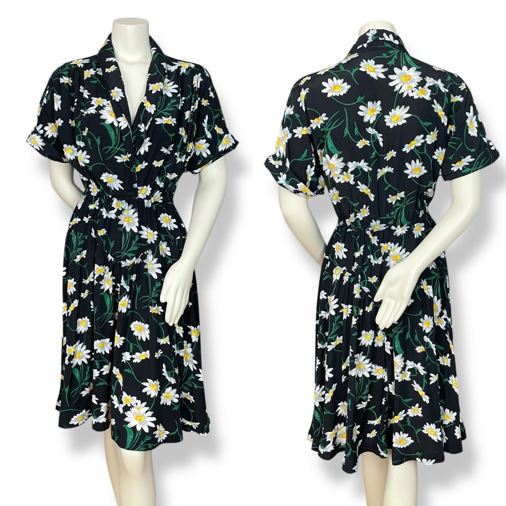 Handmade Daisy Dress Floral Print A-Line Country Retro Short Sleeves Black White